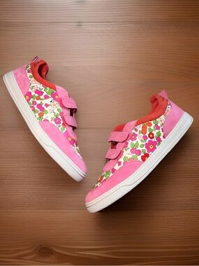 Mini Boden Girls Size 38 Pink Floral Velcro Sneakers Spring Sz 6